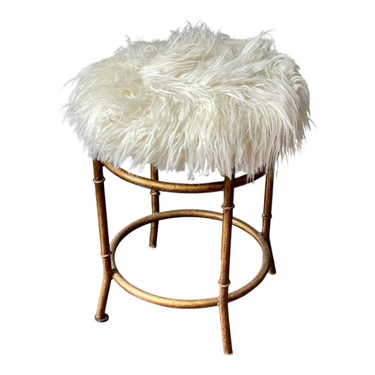 mid-century-modern-faux-bamboo-metal-stool-w-white-flokati-seat-5458